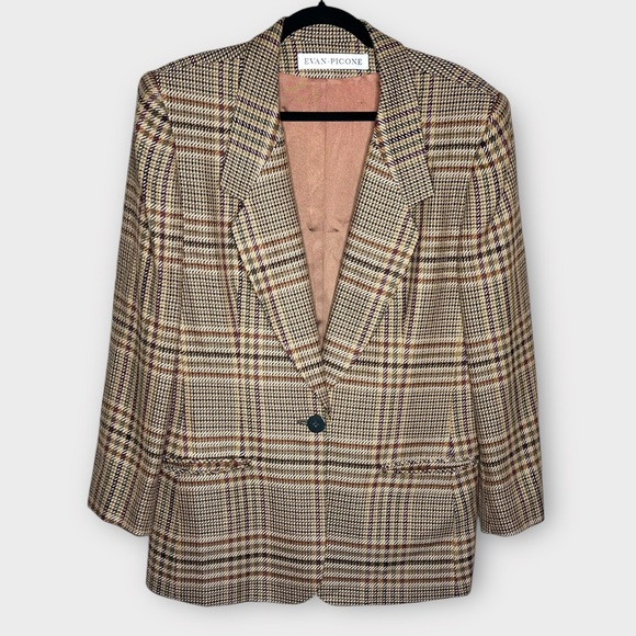 Vintage Jackets & Blazers - VINTAGE EVAN PICONE Union made tan/brown plaid wool blazer size 12 fall office